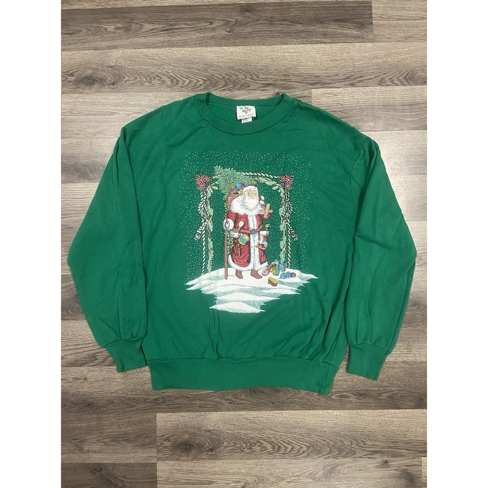 Vintage 80s Santa clause sweatshirt size large green crewneck holiday christmas